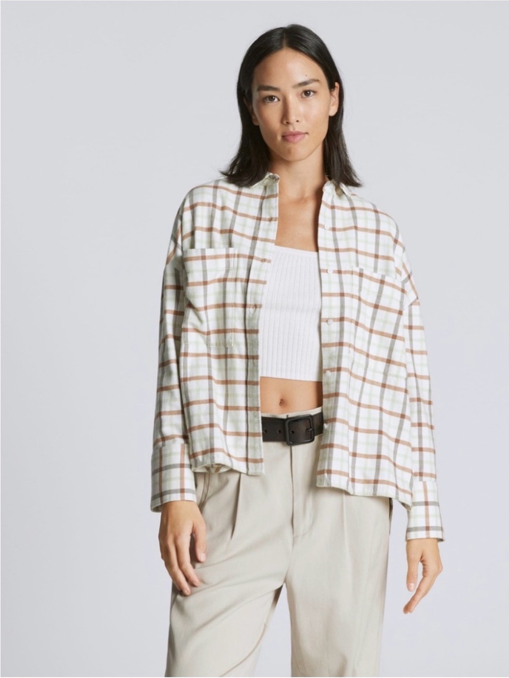 NWT Everlane The Boxy Flannel Shirt Green Brown Plaid XS Oversized 100% Cotton